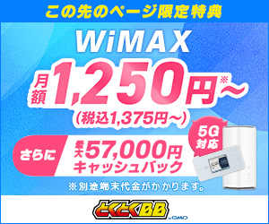 【今月限定】GMOとくとくBB WiMAX2+「高額キャッシュバック」割引キャンペーン